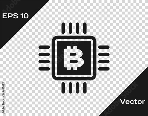 Grey CPU mining farm icon isolated on transparent background. Bitcoin sign inside microchip. Cryptocurrency mining community. Digital money. Vector Illustration