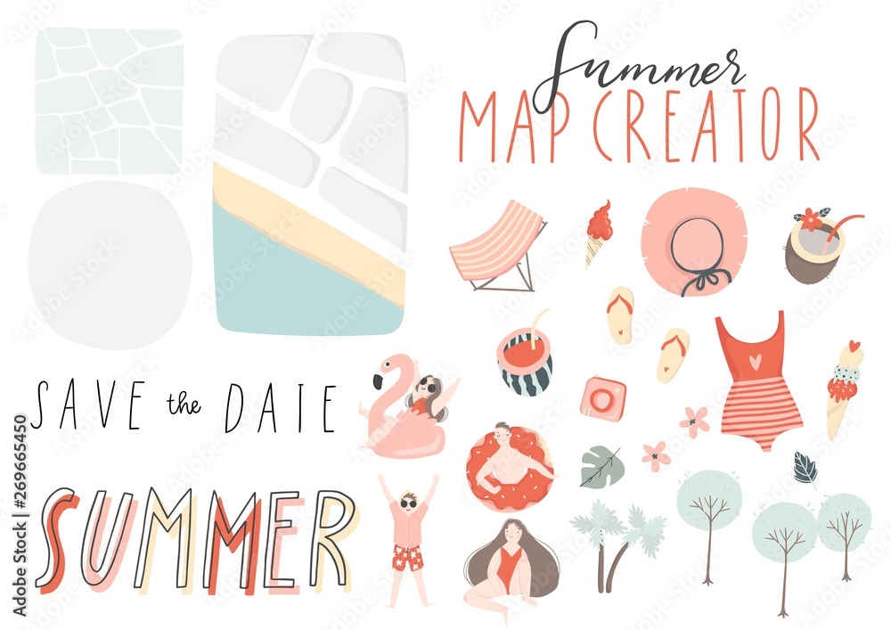 Fototapeta premium Summer map and card creator elements. Collection of scrapbooking elements for beach party, wedding invitation, poster, banner etc.