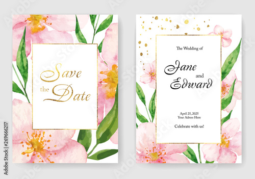Floral vector card, wedding invitation with cherry or sacura watercolor flowers and golden elements.