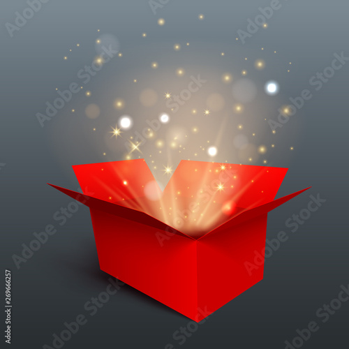 Red gift box with yellow light isolated on gray background. Vector design element.
