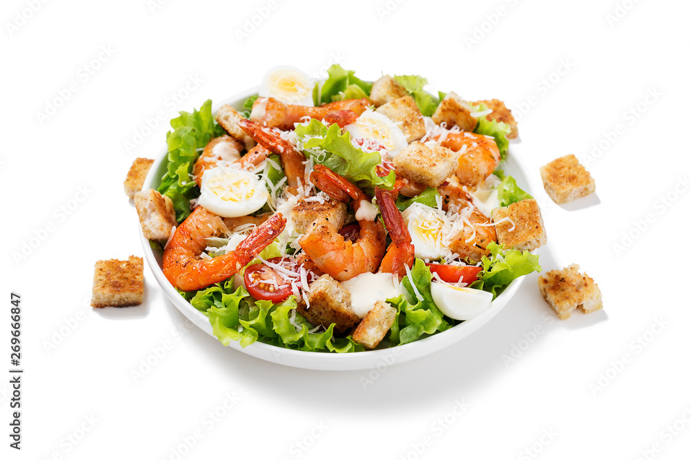 Caesar Salad with Shrimp isolated on white background . Caesar Salad with Shrimp isolated on white background .