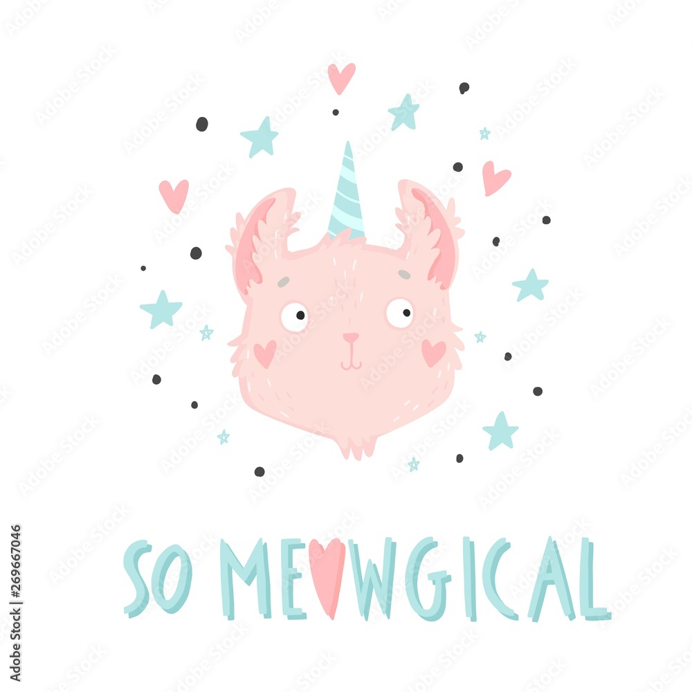 So meowgical. Hand drawn background with cats and lettering. Isolated vector illustration 