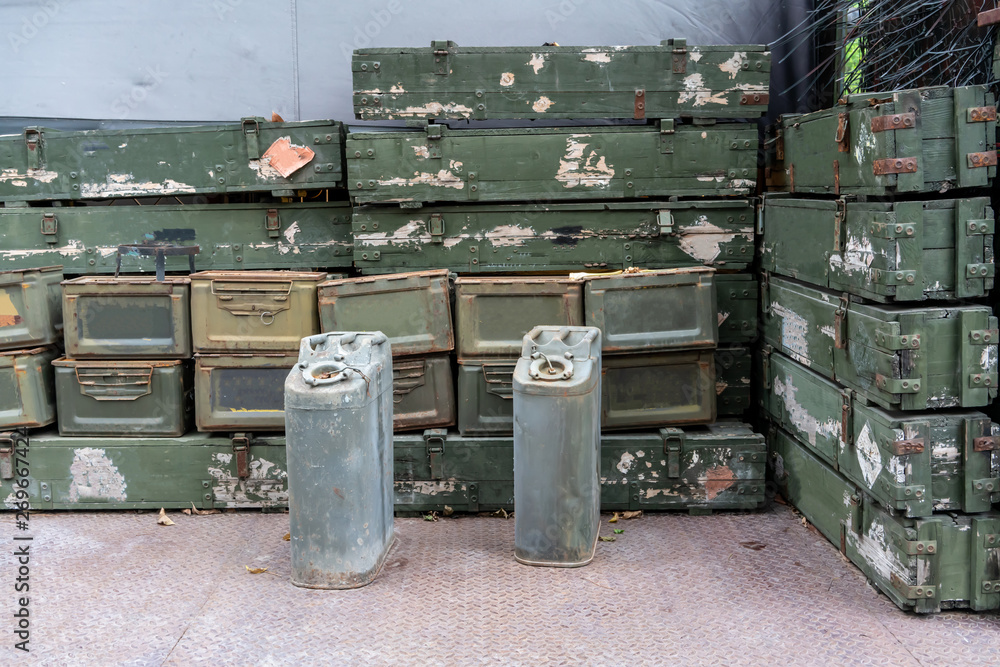 Military green ammunition boxes. Military green ammunition boxes.