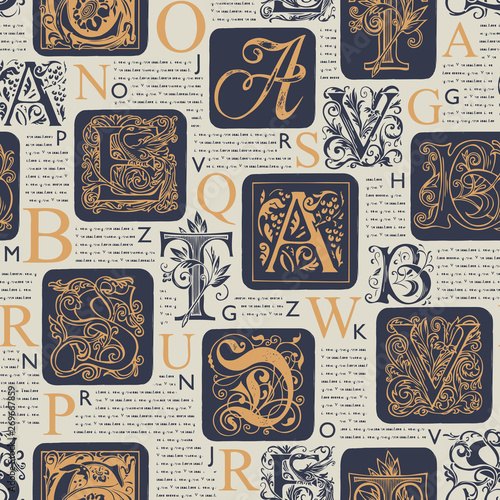 Vector seamless pattern with hand drawn alphabet letters on the background of old book pages. Old book with unreadable text and initial and capital letters, repeating vector background.