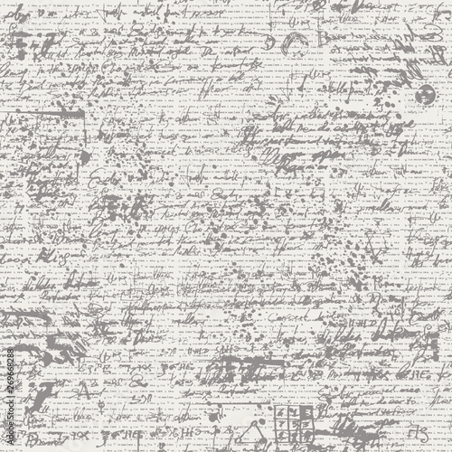 Vector seamless background with unreadable text. Handwritten notes and doodles on the old newspaper page with blots and spots in retro style. Can be used as wallpaper, wrapping paper or fabric