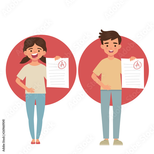 happy kids show test papers, boy and girl get good grades in the exam