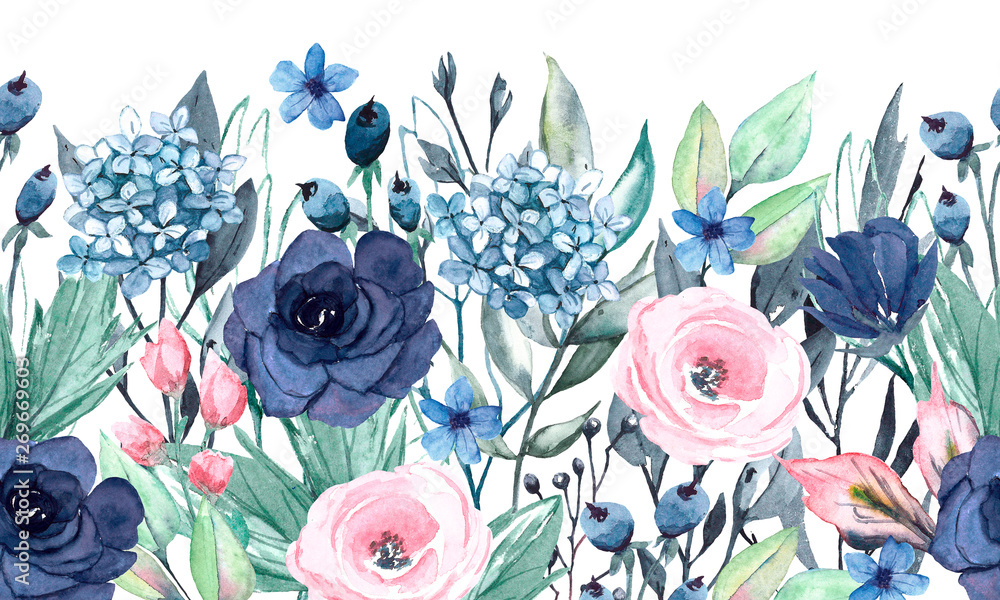 Fototapeta premium Bezszwowe granica akwarela z niebieskie i różowe kwiaty, liście. Szybka izolacja. Idealnie nadaje się na kartki okolicznościowe, wesele, zaproszenia na przyjęcie, projekty komercyjne.