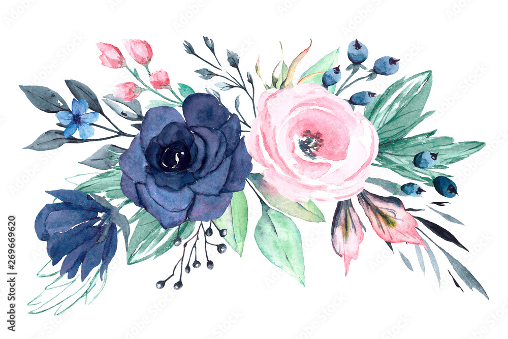 Floral blue and pink composition isolated. Watercolor flowers