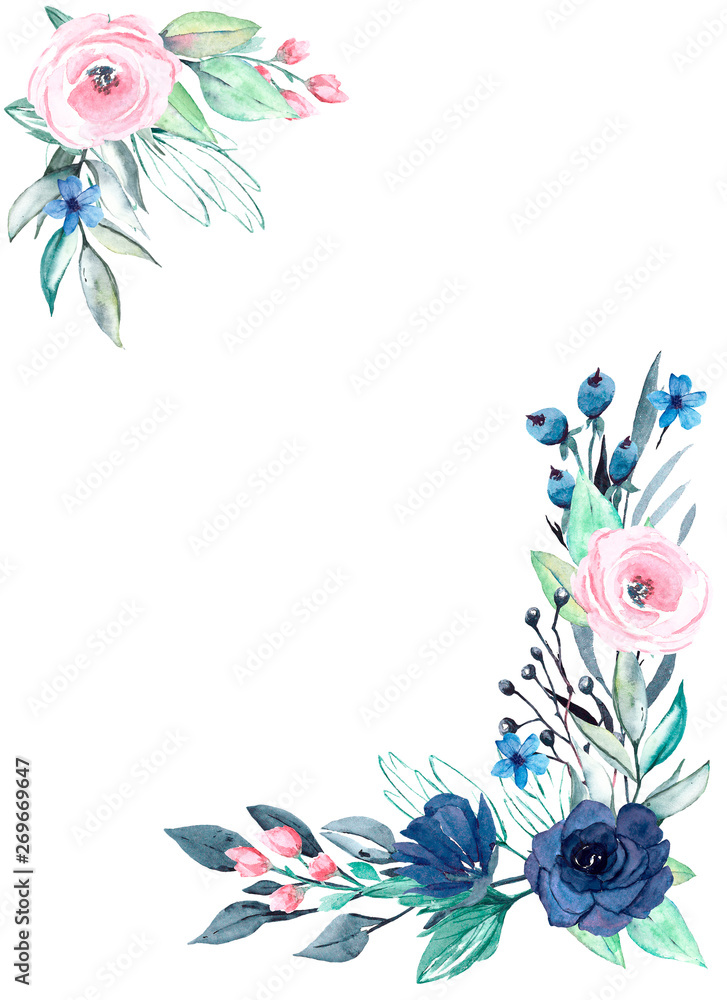 Watercolor greeting card with floral frame of blue and pink flowers ...