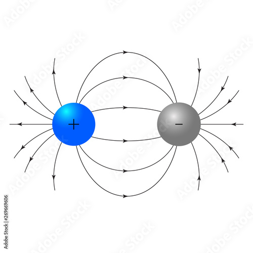 The force lines of the electric field created by a system of two oppositely charged balls. Without background. Vector graphics.