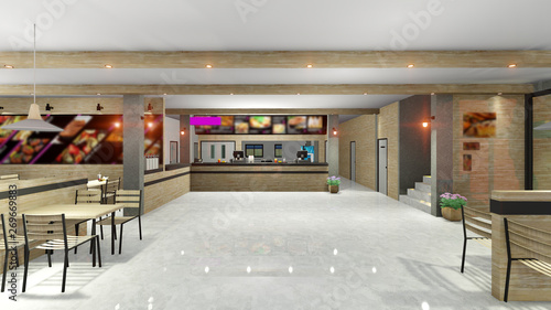 fast food restaurant  interior 3D render