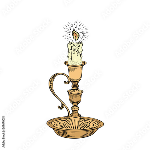 Candle sketch. Hand drawn vector illustration of a burning candle with rays of light.