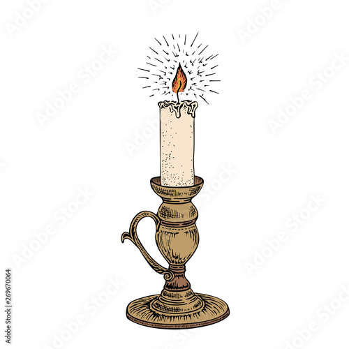 Candle sketch. Hand drawn vector illustration of a burning candle with rays of light.
