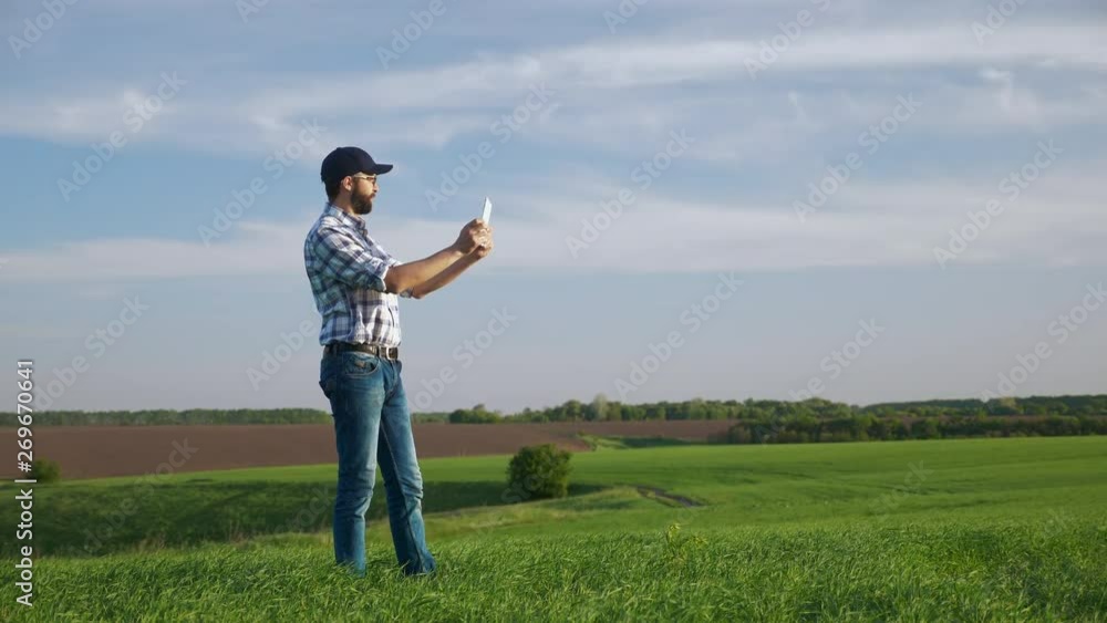 Farmer uses tablet in the field of young green barley Farmer uses tablet in the field of young green barley