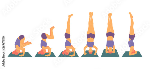 Yoga pose headstand set of variations. Vector color illustration isolated on white background.