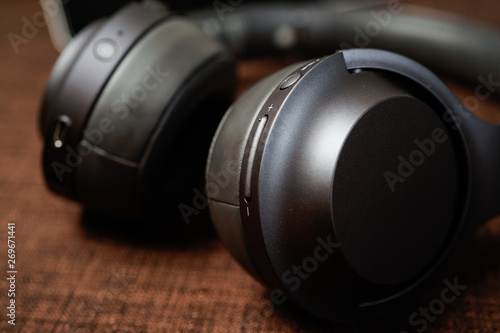 Photos A close up view of black matte High fidelity wireless headphone