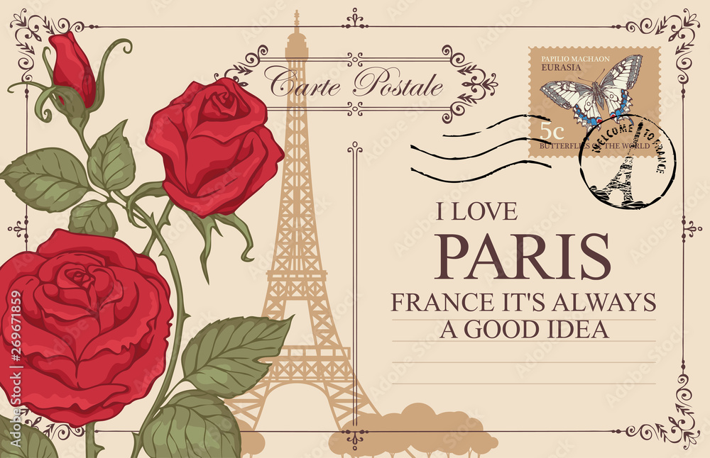 Retro postcard with Eiffel tower in Paris, France. Romantic vector postcard with red roses, postmark, postage stamp with butterfly and words I love Paris
