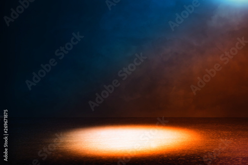 abstract dark concentrate floor scene with mist or fog  spotlight and display