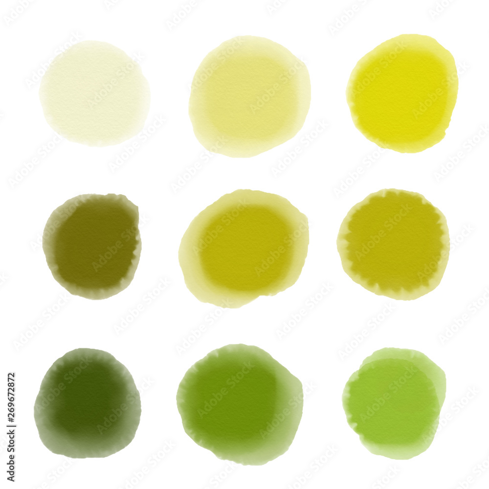 Set of abstract watercolour yellow and green stains on white background.