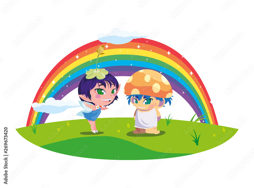 beautiful magic fairy and fungu elf with rainbow scene beautiful magic fairy and fungu elf with rainbow scene