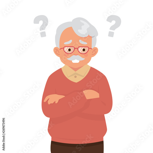 old man suffering from dementia, old man with question marks because they are easy to forget