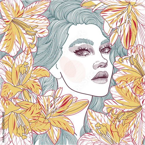 illustration of a beautiful girl`s face among large flowers of lilies 