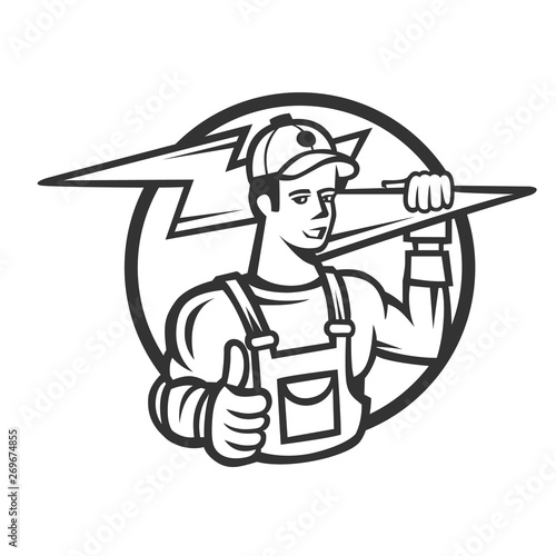 Mascot icon illustration of bust of a power lineman or electrician holding a thunderbolt or lightning bolt viewed.