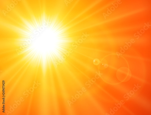 Orange sunny background, sun with lens flare, vector summer design.
