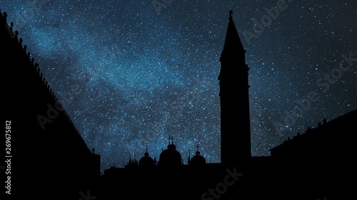 Venice: Piazza San Marco or St Mark's Square by Night with Stars, Milky Way, Campanile and Saint Mark's Basilica, Italy