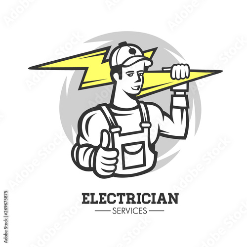 Mascot icon illustration of bust of a power lineman or electrician holding a thunderbolt or lightning bolt viewed.