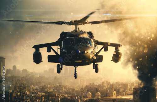 Naklejka na ścianę Wojskowy helikopter między dymem w zniszczonym mieście i ląduje, aby dosiąść żołnierzy