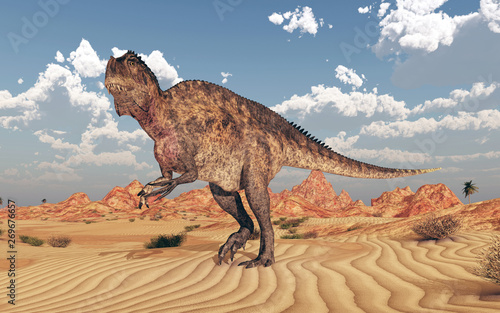 Dinosaurier Acrocanthosaurus in einer Wüstenlandschaft  © Michael Rosskothen
