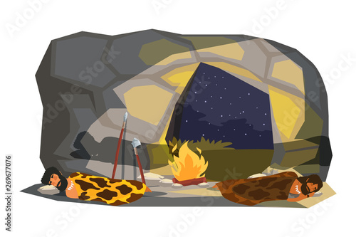 Stone age people sleeping in cave illustration
