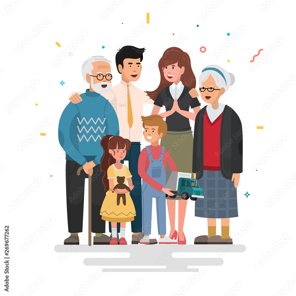 Happy family. Father, mother, grandfather, grandmother and children.