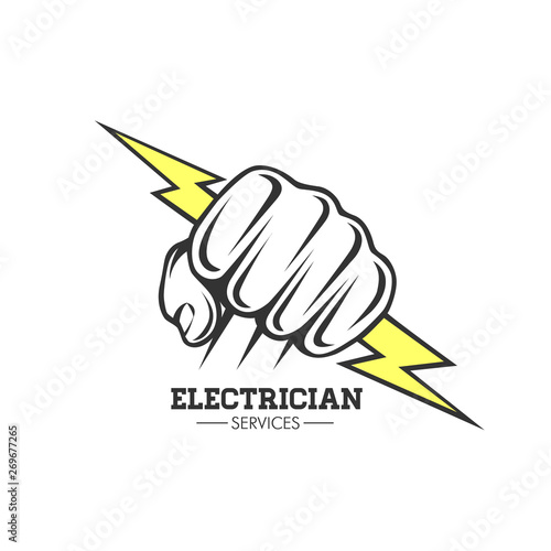 Fototapeta Electrician services Hand holding a lighting Bolt.