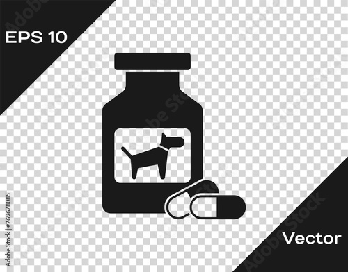 Grey Dog medicine bottle and pills icon isolated on transparent background. Container with pills. Prescription medicine for animal. Vector Illustration