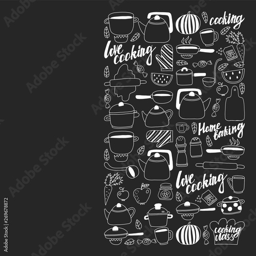 Vector set of children s kitchen and cooking drawings icons in doodle style. Painted  black monochrome  chalk pictures on a blackboard.