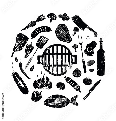 Barbecue grill hand drawn elements set isolated on white background. Cookout BBQ party. Sketch of barbecue charcoal kettle grill with tools and foods. vector.