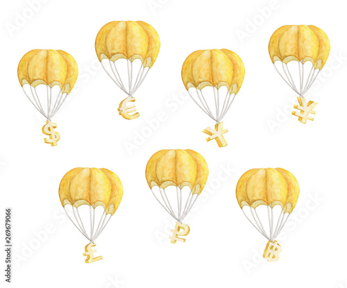 Set of Hot air balloon with currency symbols. Golden Dollar, Euro, Yuan, Yen, Pound, Bath. Watercolor illustration painting isolated on white background.