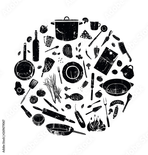 Vector set of utensils and food.