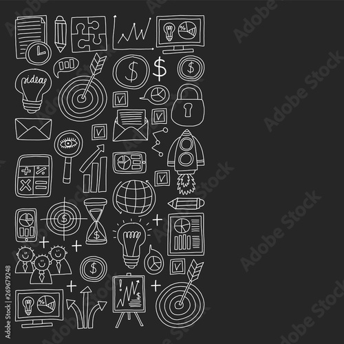 Vector set of bussines icons in doodle style chalk on black background.