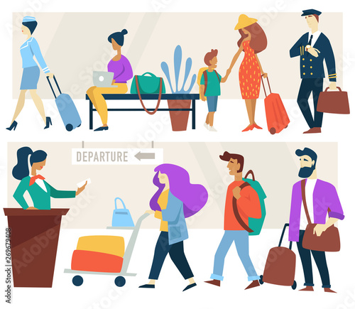 Airport waiting room and check-in counter passengers air hostess and pilote