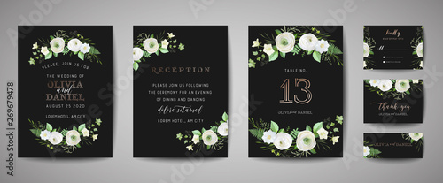 Set of Wedding Invitation  floral invite  thank you  rsvp rustic card design with gold foil decoration. Vector elegant modern template  trendy cover  graphic poster  retro brochure  design template