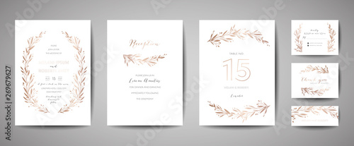 Luxury Flower Vintage Wedding Save the Date, Invitation Floral Cards Collection with Gold Foil Frame. Vector trendy cover, graphic poster, retro brochure, design template