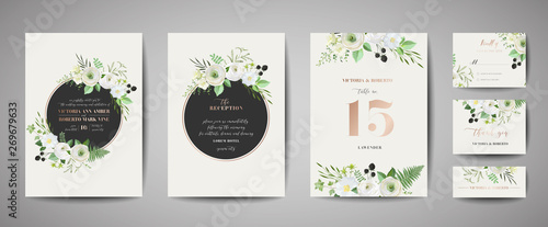 Set of Wedding Invitation, floral invite, thank you, rsvp rustic card design with gold foil decoration. Vector elegant modern template, trendy cover, graphic poster, retro brochure, design template