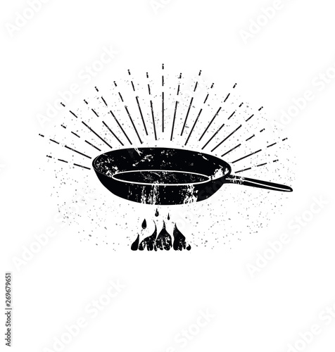 Black Sketched Cast-Iron Frying Pan. Stir Fry. Cooking Process Vector illustration. Kitchenware Sketch. Retro Style. Cookery Poster. Design Elements for Cooking Club, Cafe, Restaurant or Home Cooking.