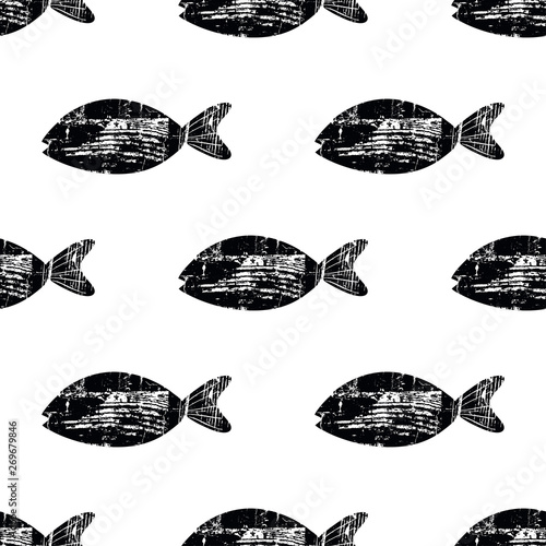 Pattern with Fish. Scandinavian Style. Background with Black Grunge Silhouett...