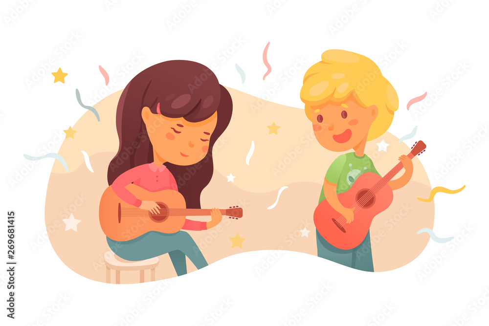 Children playing guitars flat vector illustration Children playing guitars flat vector illustration