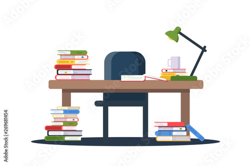 Table with book piles flat vector illustration