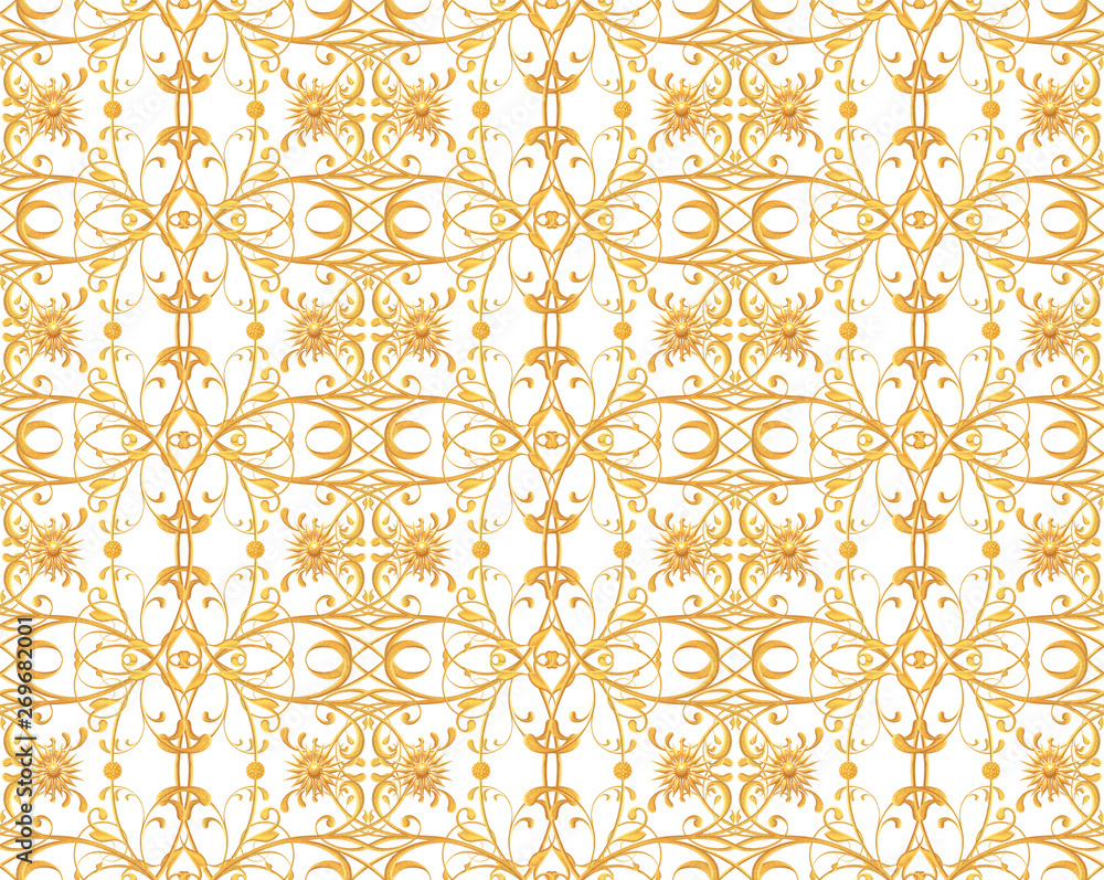 Seamless pattern. Golden textured curls. Oriental style arabesques. Brilliant lace, stylized flowers. Openwork weaving delicate, 3d rendering. Seamless pattern. Golden textured curls. Oriental style arabesques. Brilliant lace, stylized flowers. Openwork weaving delicate, 3d rendering.